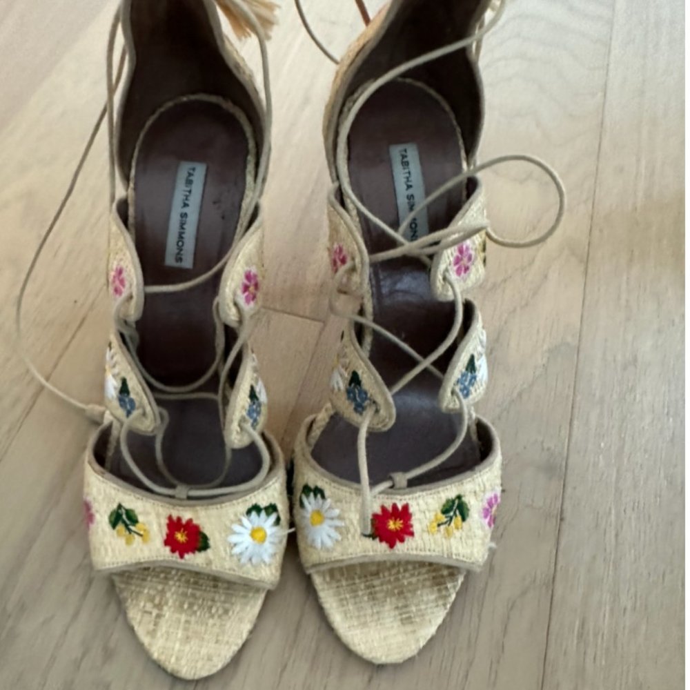Tabitha Simmons Raffia embroidered high heel sandals size 39